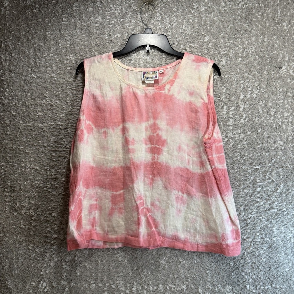 Monique Fashions European Linen Tie Dye Tank Blouse 14 Pink White Coastal Preppy